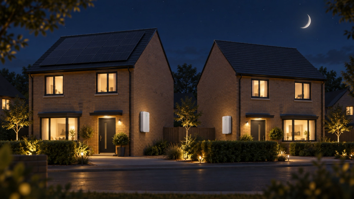 Illustration of two homes at night with wall-mounted batteries, one with rooftop solar panels and one without.
