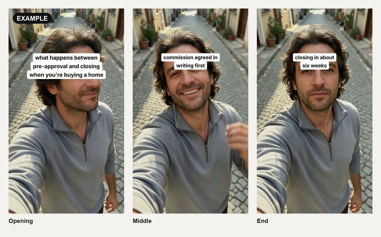 Three frames from a one-item-per-shot Reel: a man on a cobbled street with the hook about pre-approval and closing, then "commission agreed in writing first", then "closing in about six weeks"