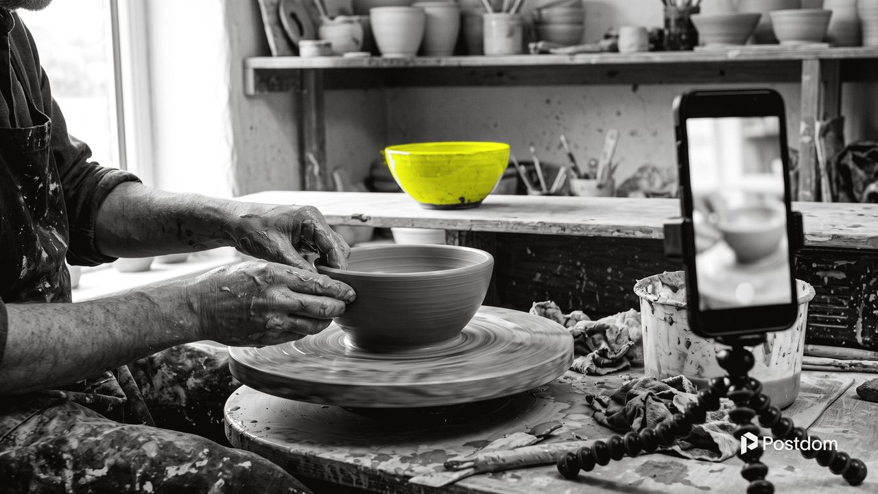 How to use Instagram Reels for business: a potter shapes a bowl on the wheel while a phone on a small tripod films, a yellow glazed bowl on the shelf