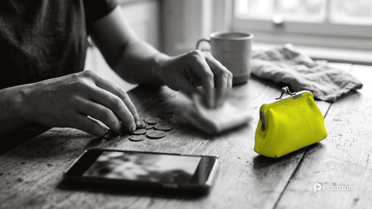 How much does Instagram pay: a creator counts coins and folds a banknote at a kitchen table beside a phone and a yellow coin purse