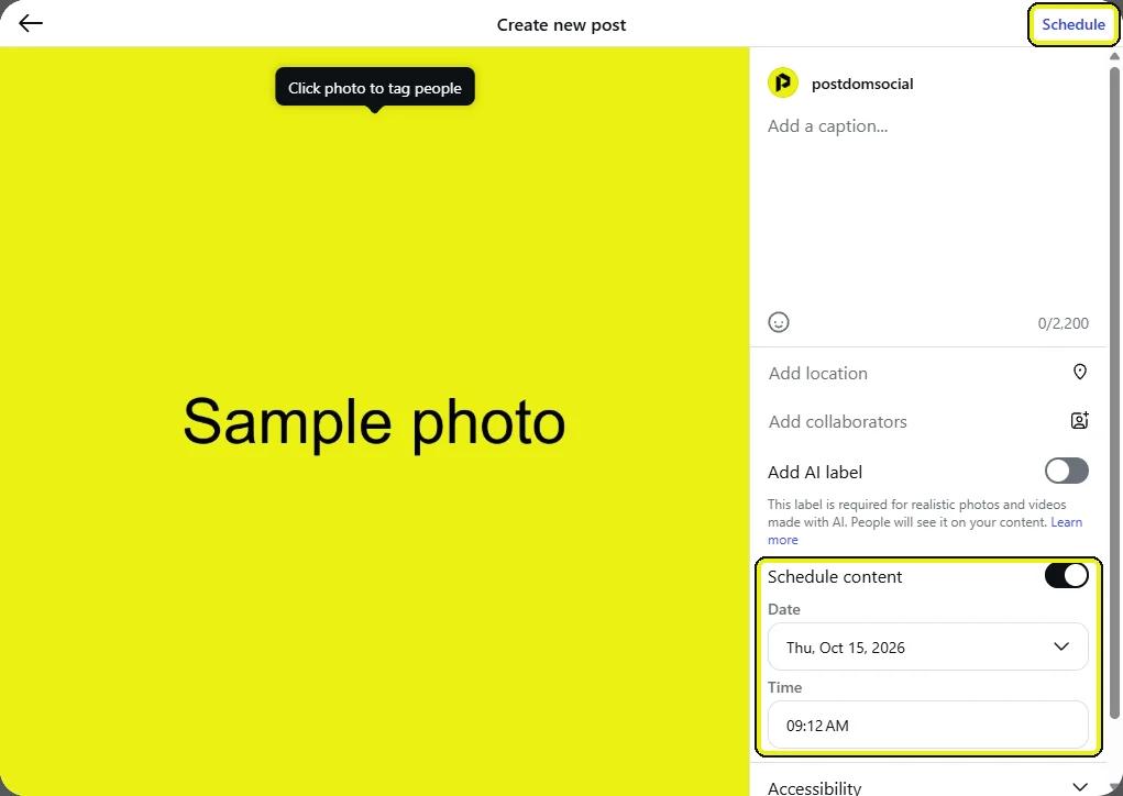Instagram Create new post screen with the Schedule content switch turned on, a date and time picker, and the Schedule button outlined