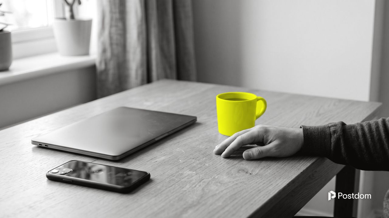 A nearly empty desk with a closed laptop, a phone lying face down, a yellow mug and a relaxed hand resting on the table