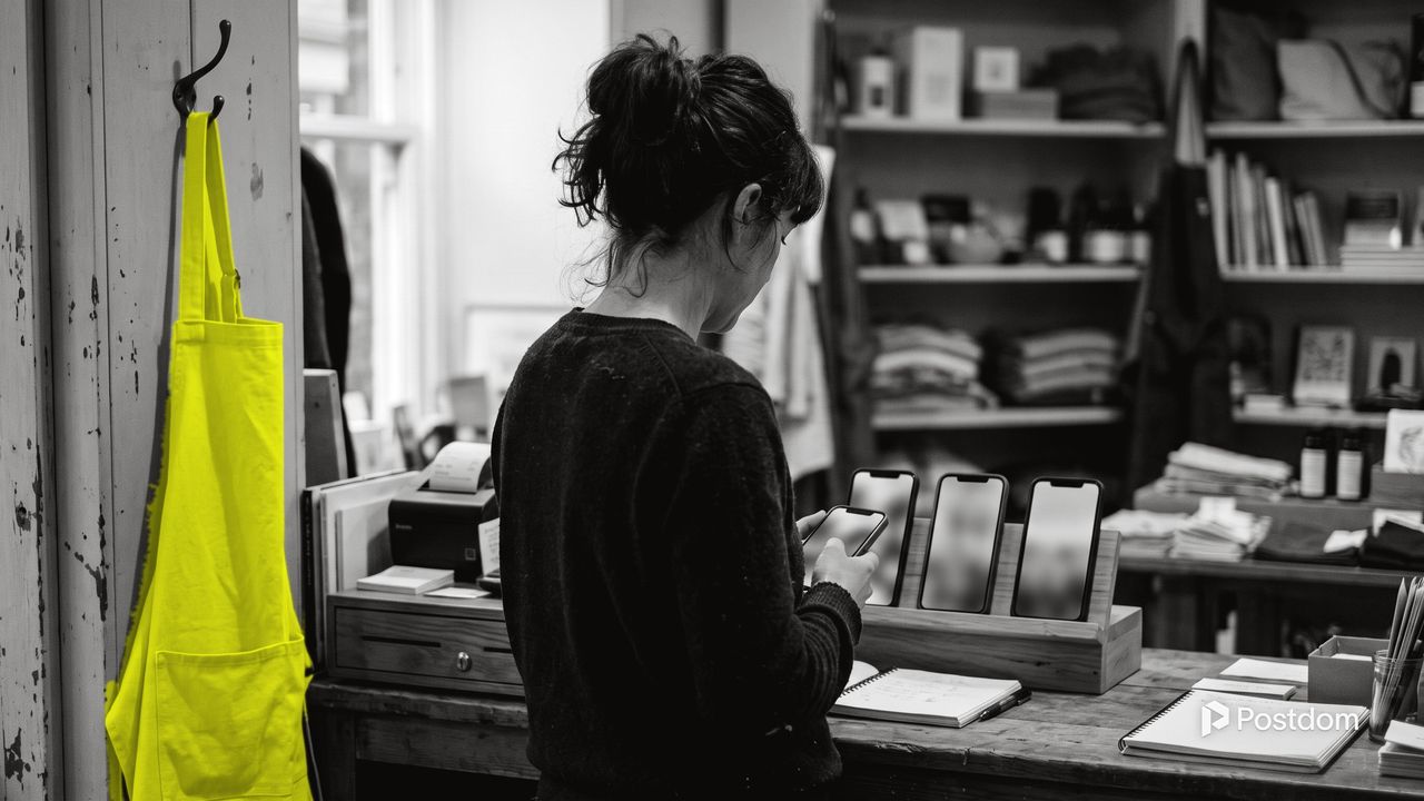 Best AI social media manager tool: a shop owner checks a phone in front of three phones on a stand, a yellow apron hanging by the door