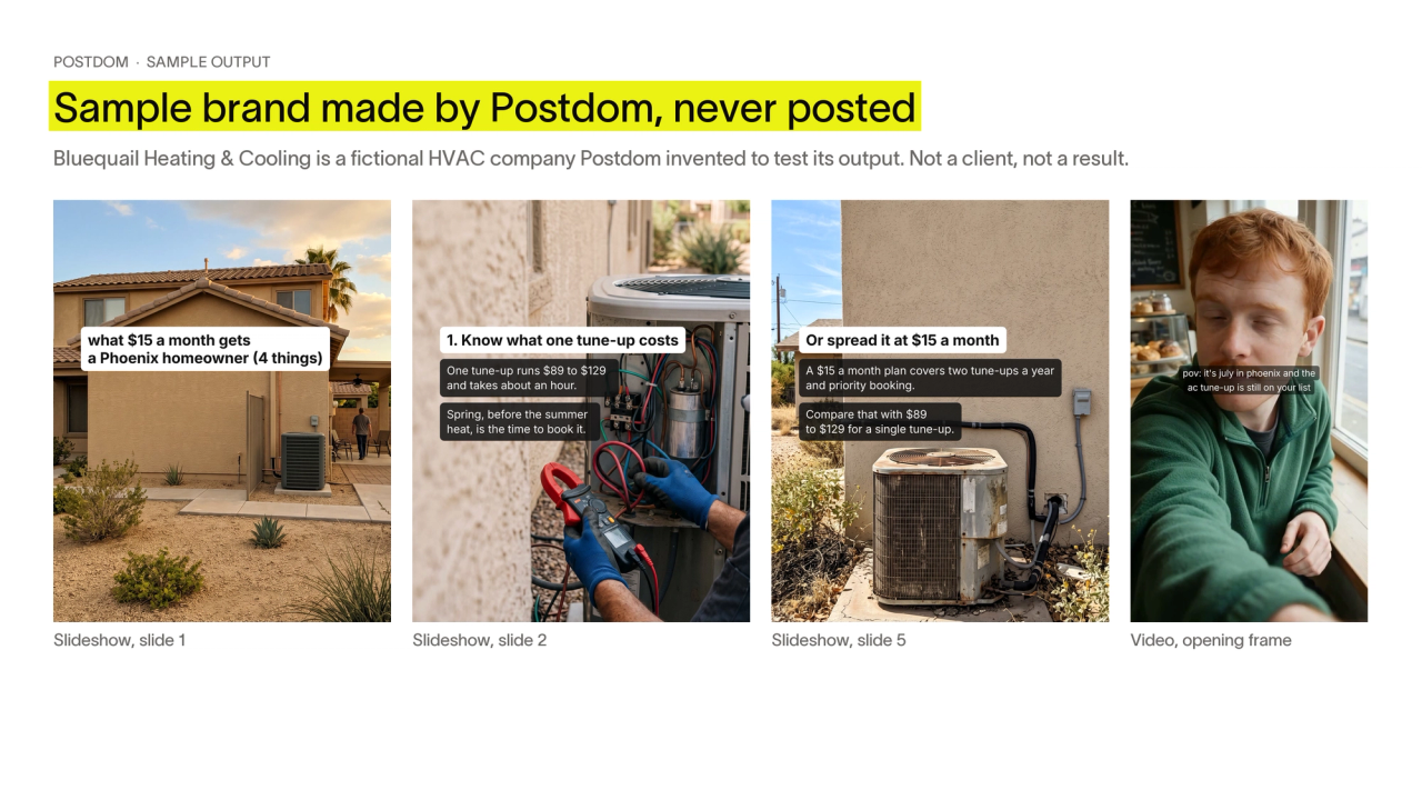 Sample brand made by Postdom, never posted: three slides of a slideshow on what a $15 a month HVAC plan gets a Phoenix homeowner, and the opening frame of a POV video about booking an AC tune-up