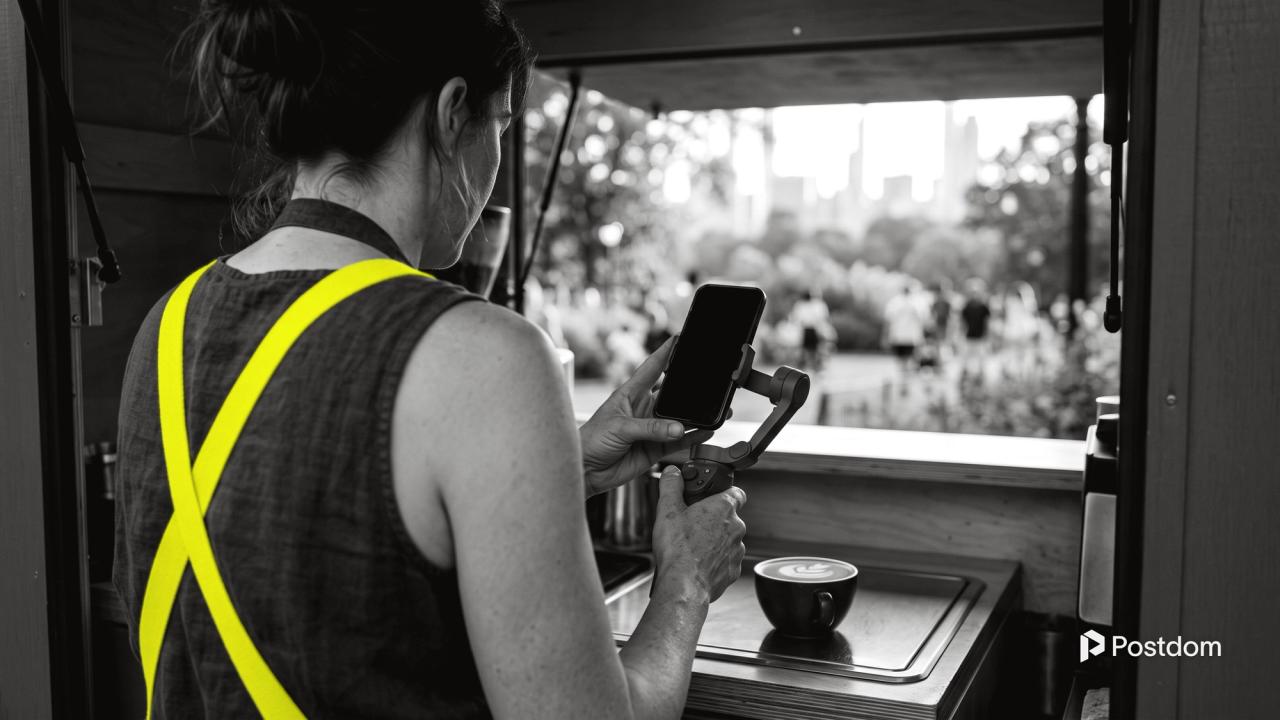A coffee-cart owner films on a phone gimbal from inside the cart, with a latte on the counter and a park behind