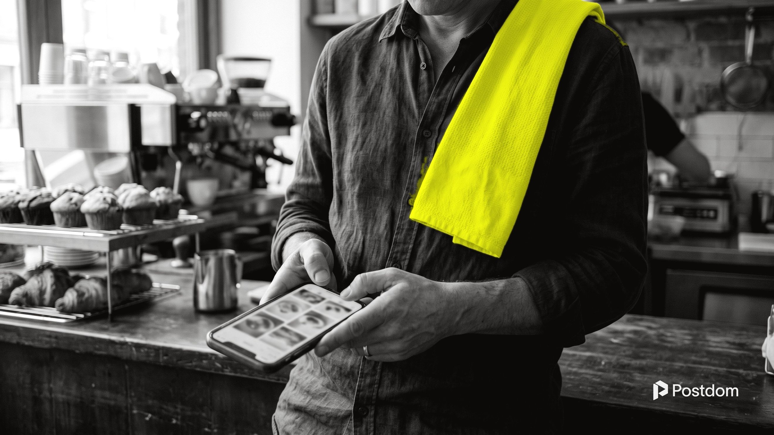 A cafe owner with a yellow tea towel on one shoulder scrolls photos on a phone at the counter