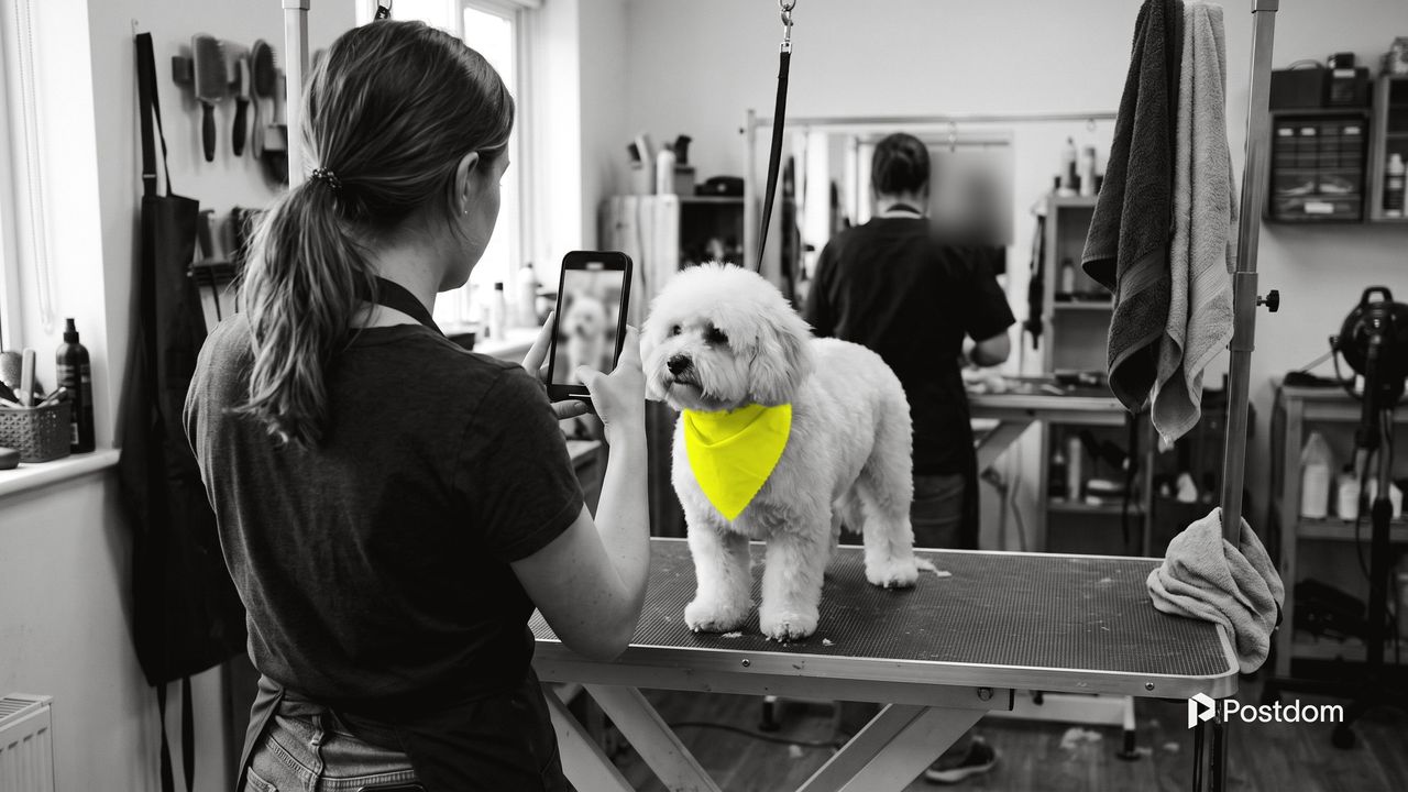 How to get more followers on TikTok: a dog groomer films a freshly groomed white dog in a yellow bandana with a phone