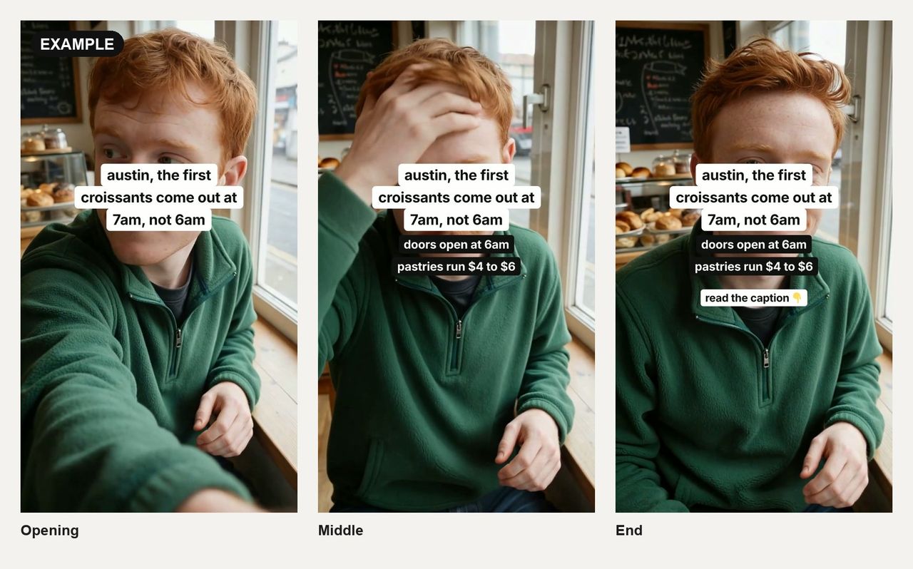 Three frames from a hook clip Reel: a man in a bakery with the hook "austin, the first croissants come out at 7am, not 6am", then "doors open at 6am" and "pastries run $4 to $6", then "read the caption"