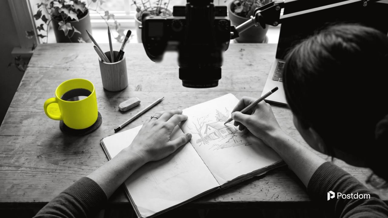 Faceless YouTube channel: an overhead camera films only a person's hands sketching in a notebook beside a yellow mug
