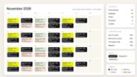 Social media content calendar template for November 2026 filled in for a corner bakery: Instagram, TikTok, Facebook and LinkedIn posts by day with format, time and topic, plus monthly totals, content pillars and approval status