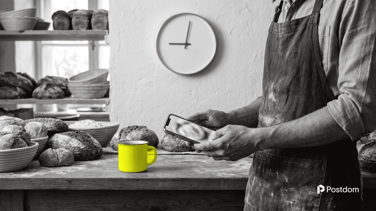 Best time to post on Facebook: a baker in a linen apron holds a phone over fresh loaves at the bakery counter, a yellow enamel mug beside him and a wall clock at nine behind