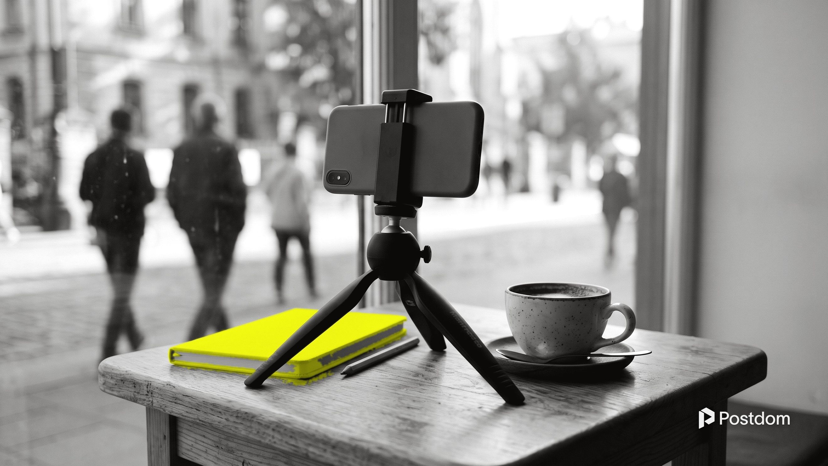 A phone on a small tripod beside a coffee cup and a notebook at a cafe window, with people walking past outside