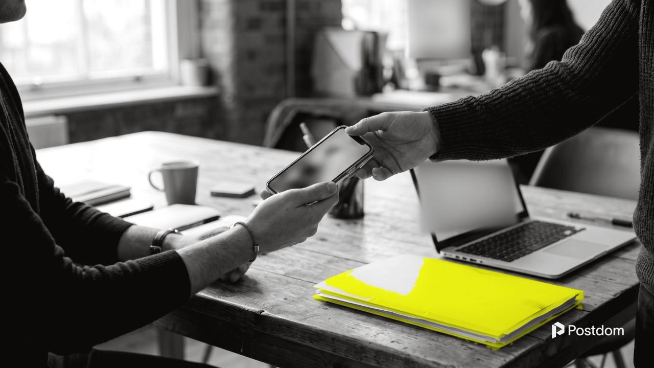 Social media approval workflow: one colleague hands a phone to another across a shared table to review a post, with a laptop and a yellow folder