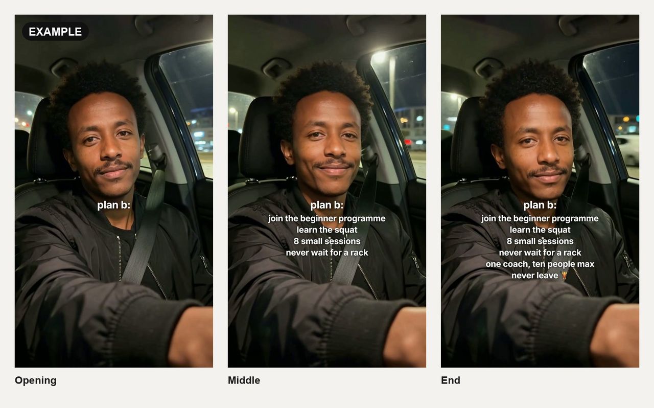 Three frames from a deadpan list Reel: a man in a car at night with "plan b:", then the list building line by line (join the beginner programme, learn the squat, 8 small sessions, never wait for a rack), ending "one coach, ten people max" and "never leave"