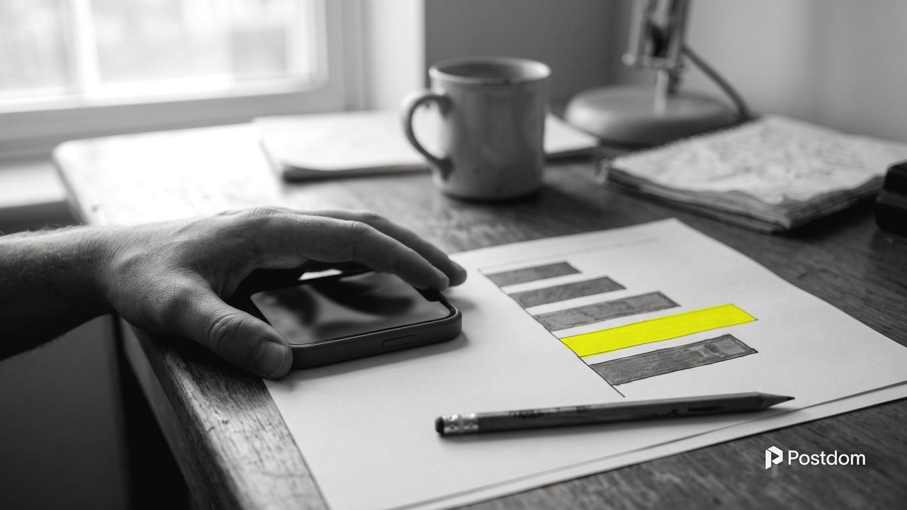 A hand rests on a phone beside a printed bar chart with one yellow bar and a pencil on a desk