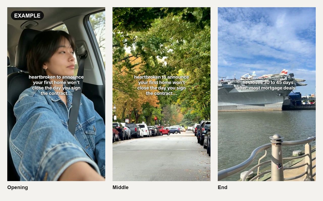 Three frames from a fake-out Reel: a woman in a car with "heartbroken to announce your first home won't close the day you sign the contract…", a tree-lined street, then "…it closes 30 to 45 days after. most mortgage deals." over a harbour with a docked warship