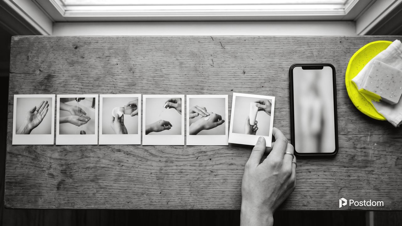 Best AI TikTok slideshow maker: six printed photos of a skincare routine laid out in a row like slides next to a phone and a yellow soap dish
