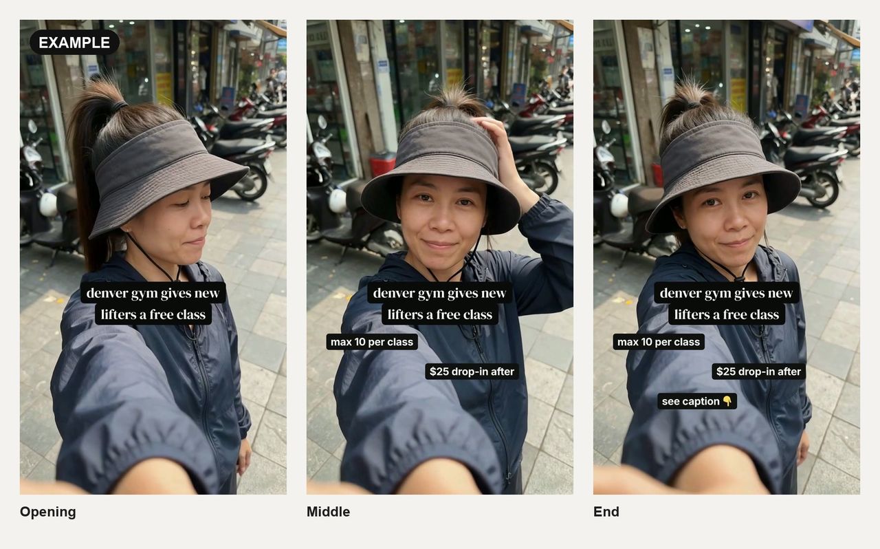Three frames from a selfie Reel: a woman in a bucket hat with "denver gym gives new lifters a free class", then boxes reading "max 10 per class" and "$25 drop-in after", then "see caption"