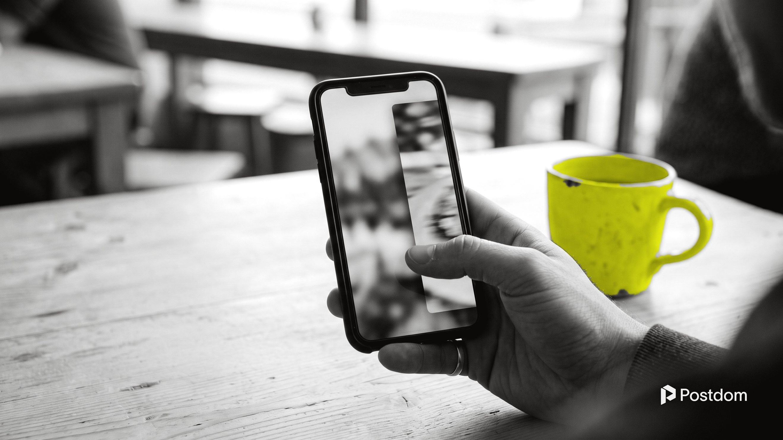A hand holding a phone at a cafe table, thumb mid-swipe as one photo slides into the next, with a yellow mug beside it