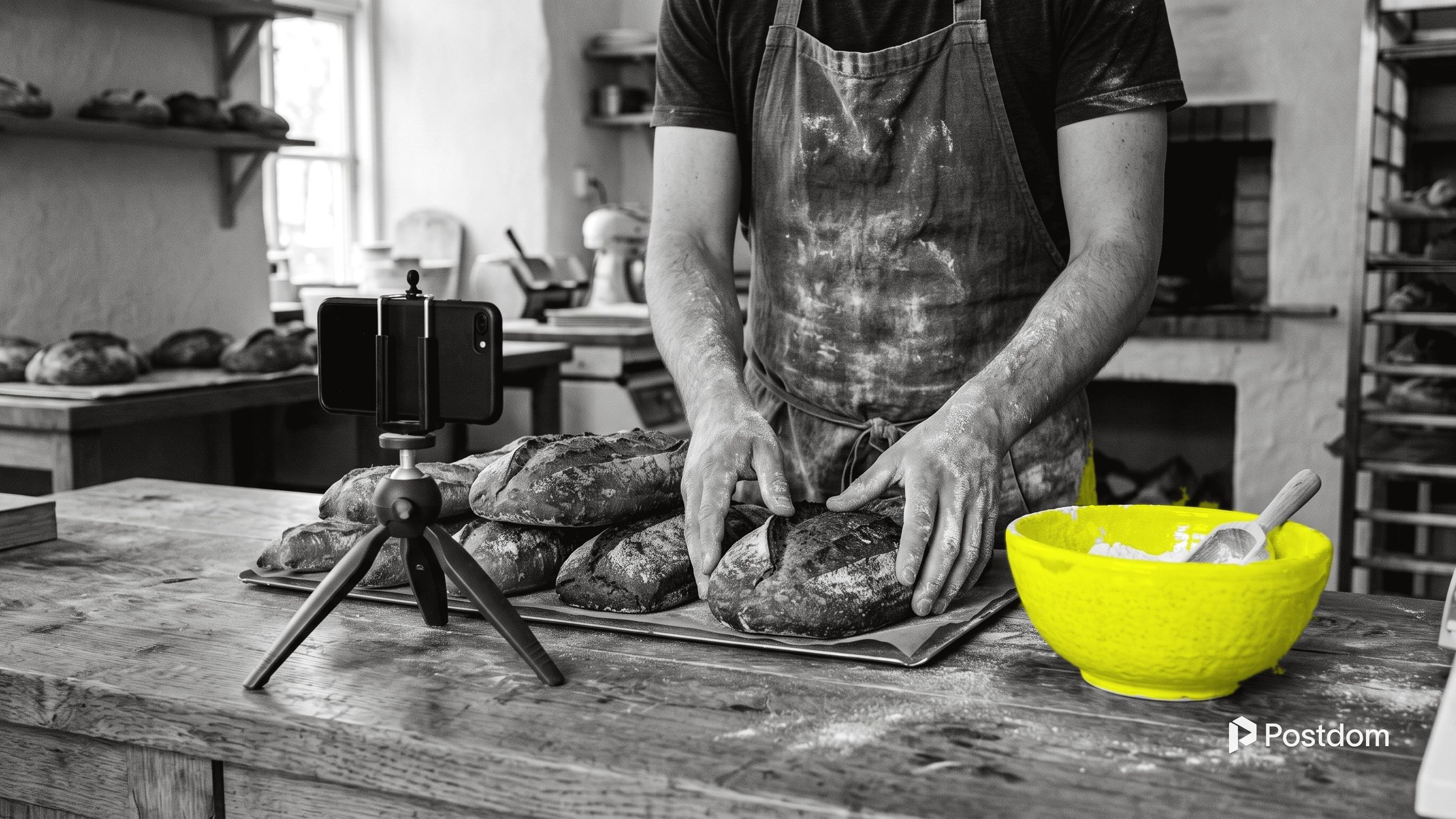 A baker shapes loaves on a floured wooden counter while a phone on a small tripod films