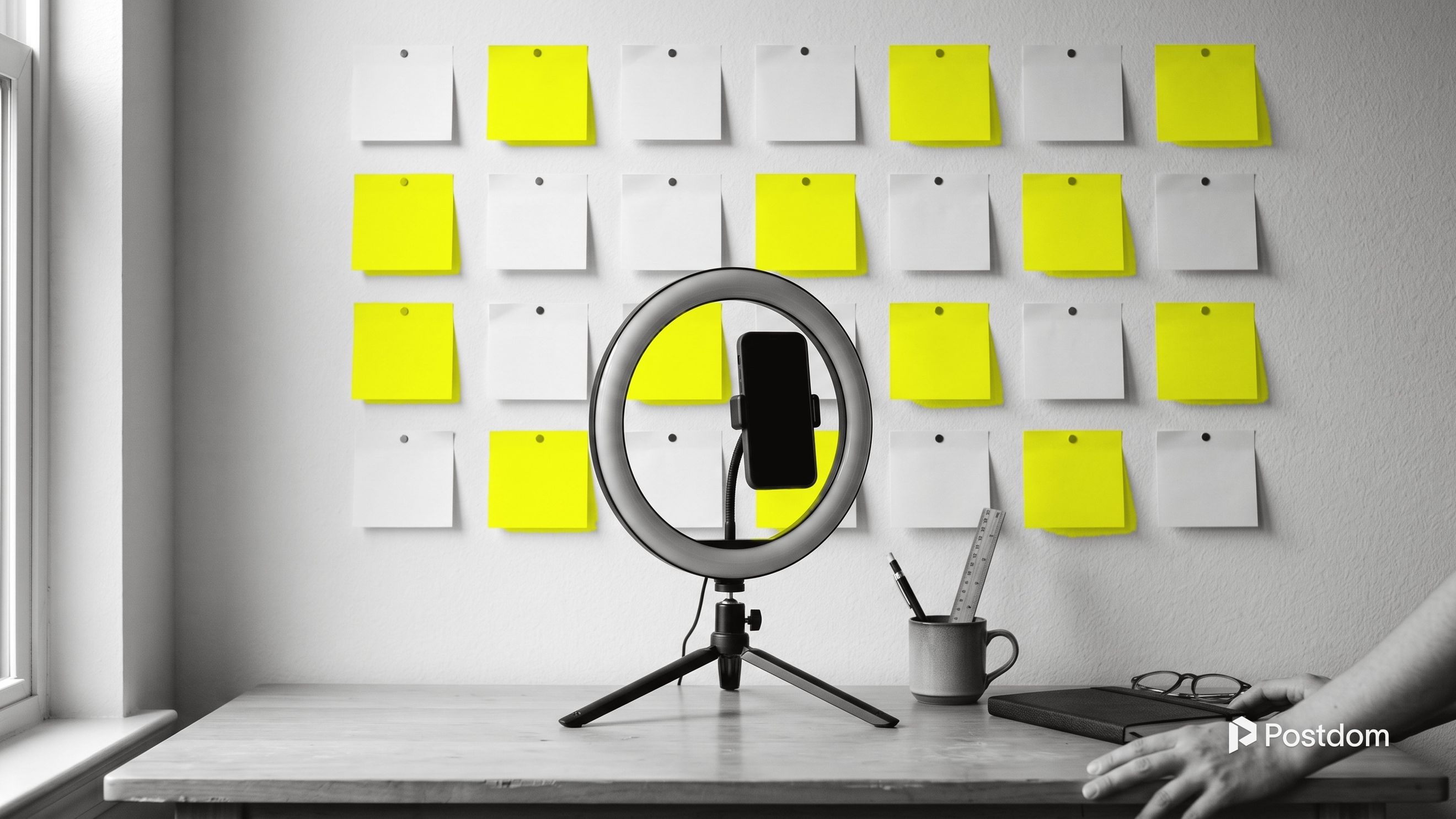 A phone in a ring light on a desk in front of a wall of sticky notes