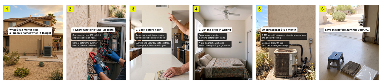 A 6-slide carousel: a hook slide asking what $15 a month gets a homeowner, three numbered tips, a price comparison, and a save-this closing slide