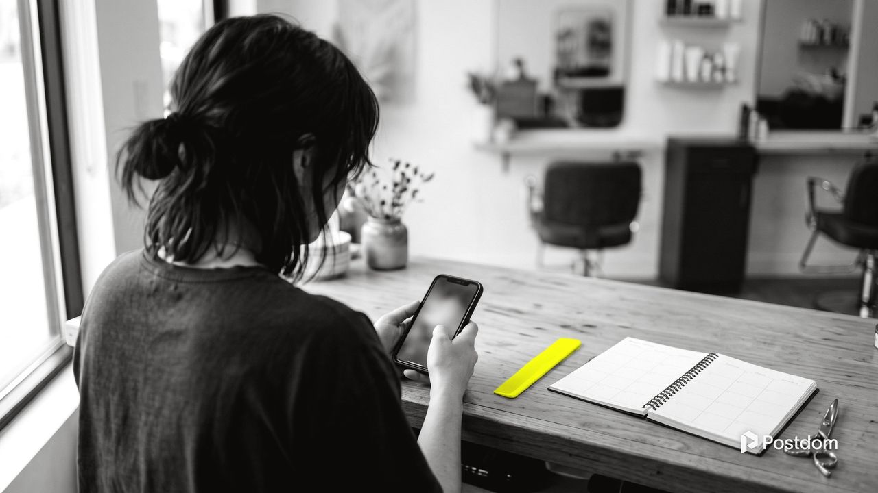 How to schedule Instagram posts: a hair salon owner seen from behind checks a phone at the front desk beside a weekly planner and a yellow comb
