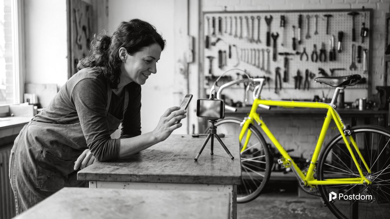 Social media marketing for small business: a bike shop owner checks her phone at the counter while a phone on a small tripod films a freshly repaired yellow bicycle