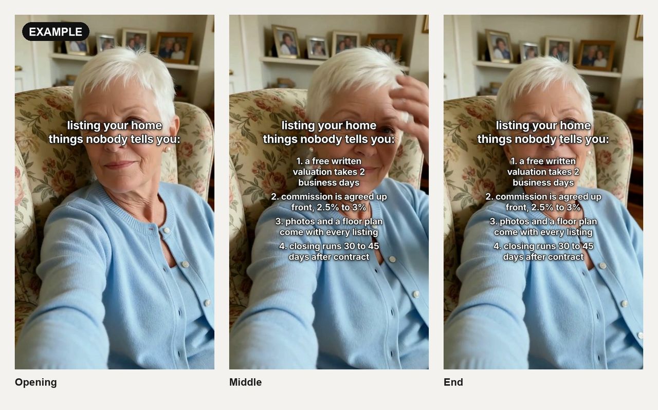 Three frames from a numbered wall Reel: a woman in an armchair with the hook "listing your home things nobody tells you:" and four numbered points about valuation, commission, photos and closing times