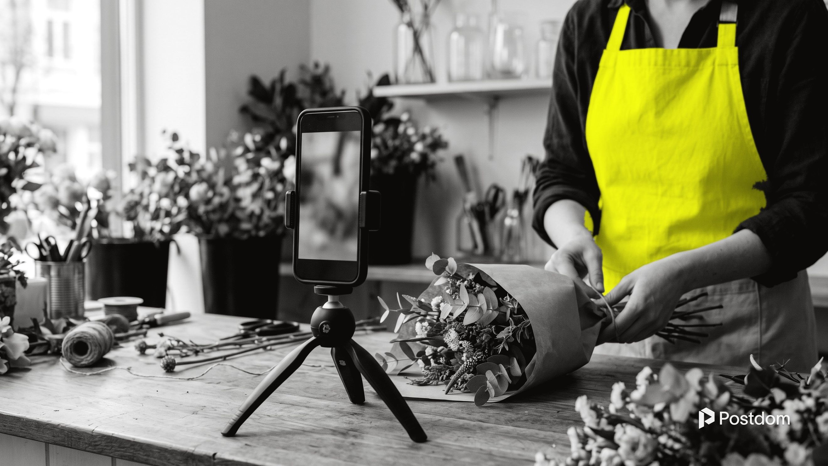 A phone on a mini tripod filming a florist's hands as they wrap a bouquet at the shop counter