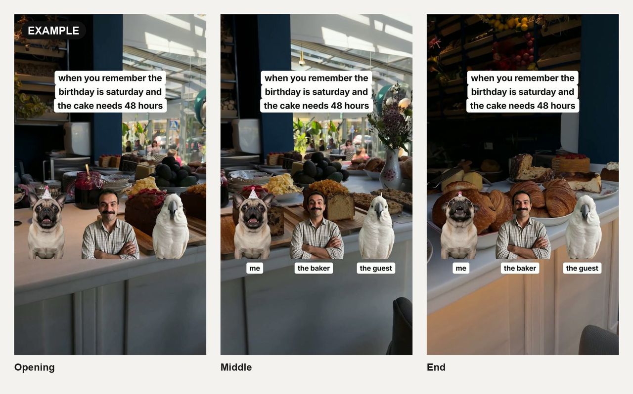 Three frames from a labelled reaction Reel: "when you remember the birthday is saturday and the cake needs 48 hours" over a bakery counter, with a pug, a man with crossed arms and a cockatoo labelled me, the baker and the guest