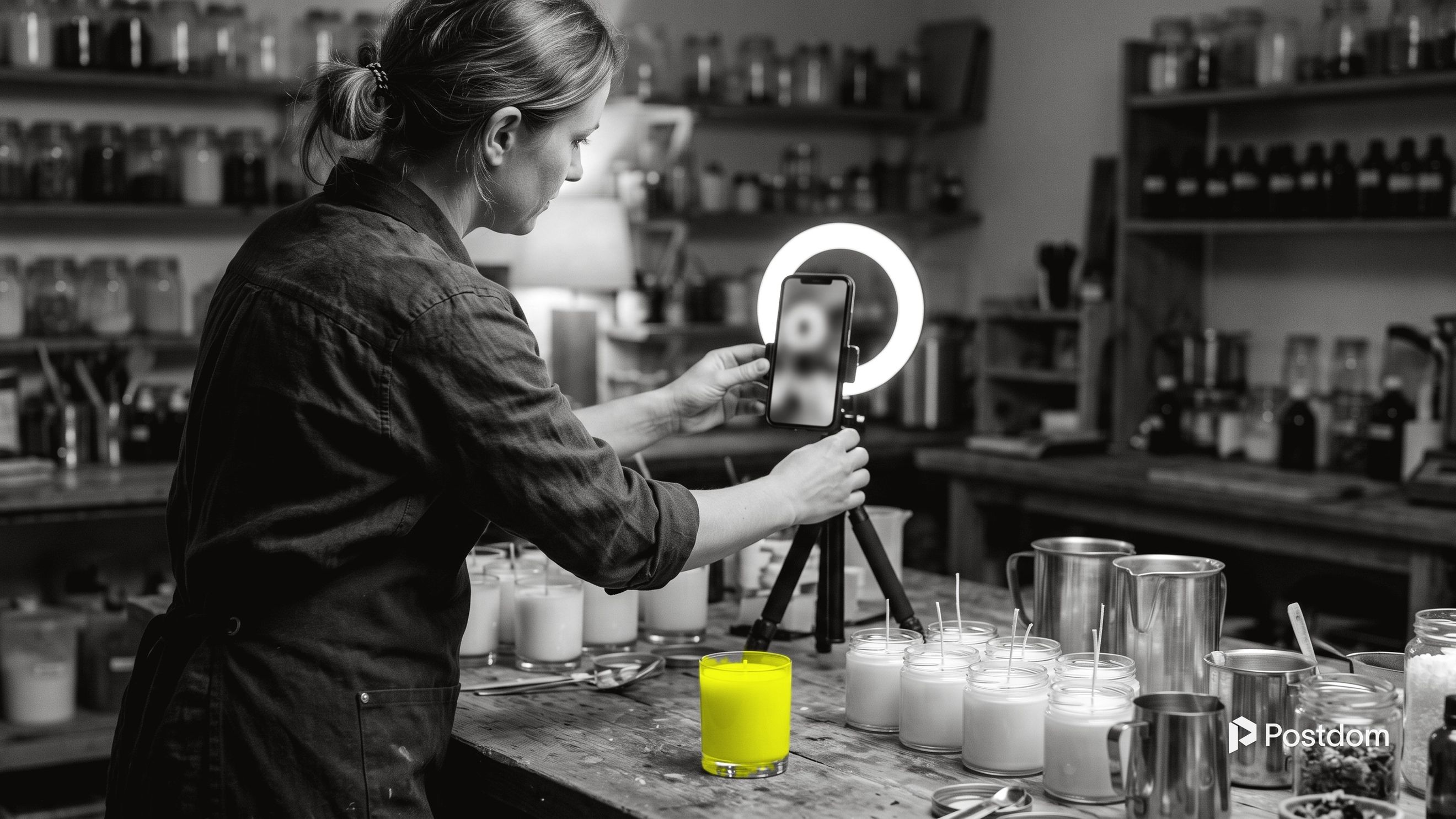 How many followers on TikTok to go live: a candle maker sets a phone on a tripod in front of a ring light in her workshop, ready to stream, a yellow candle on the bench