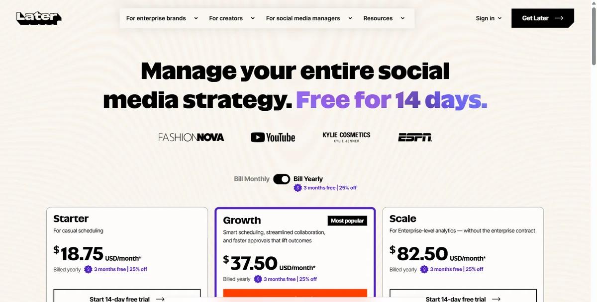 Later pricing page showing Starter, Growth and Scale plans billed yearly