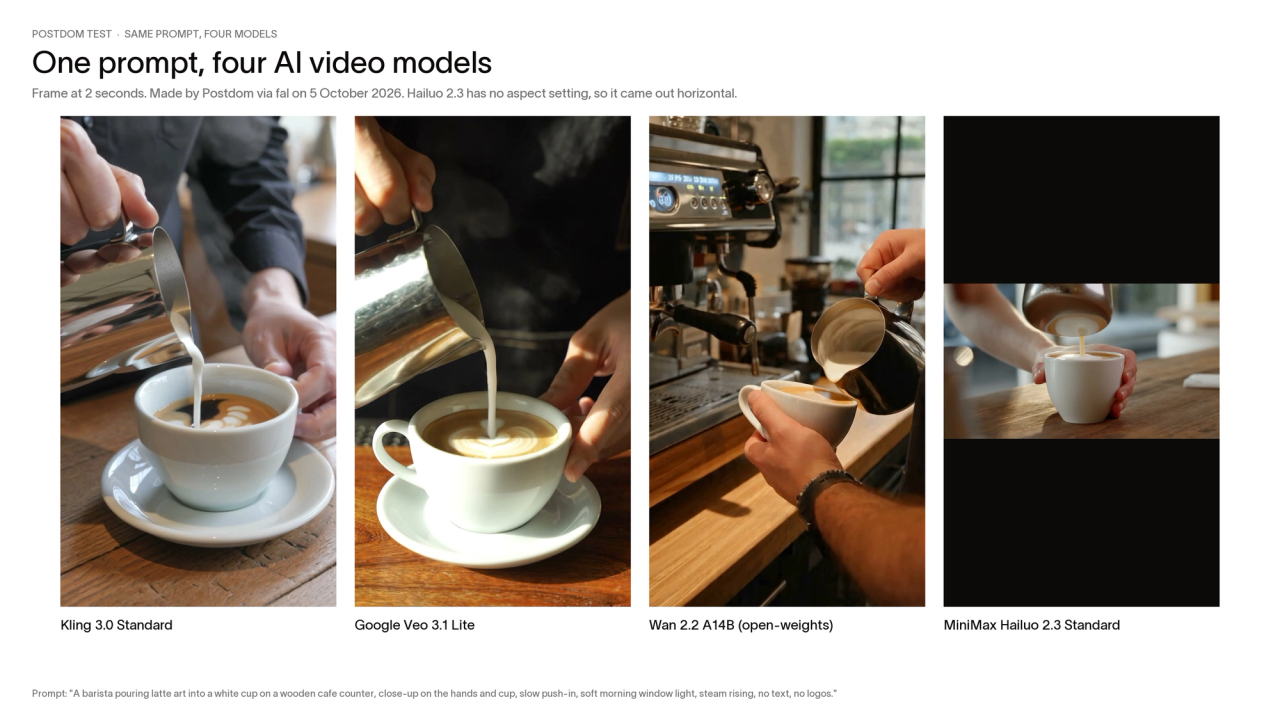 Frames from four AI video models given the same latte-art prompt: Kling 3.0, Veo 3.1 Lite and Wan 2.2 made vertical clips of a pour into a white cup, and Hailuo 2.3 made a horizontal clip.