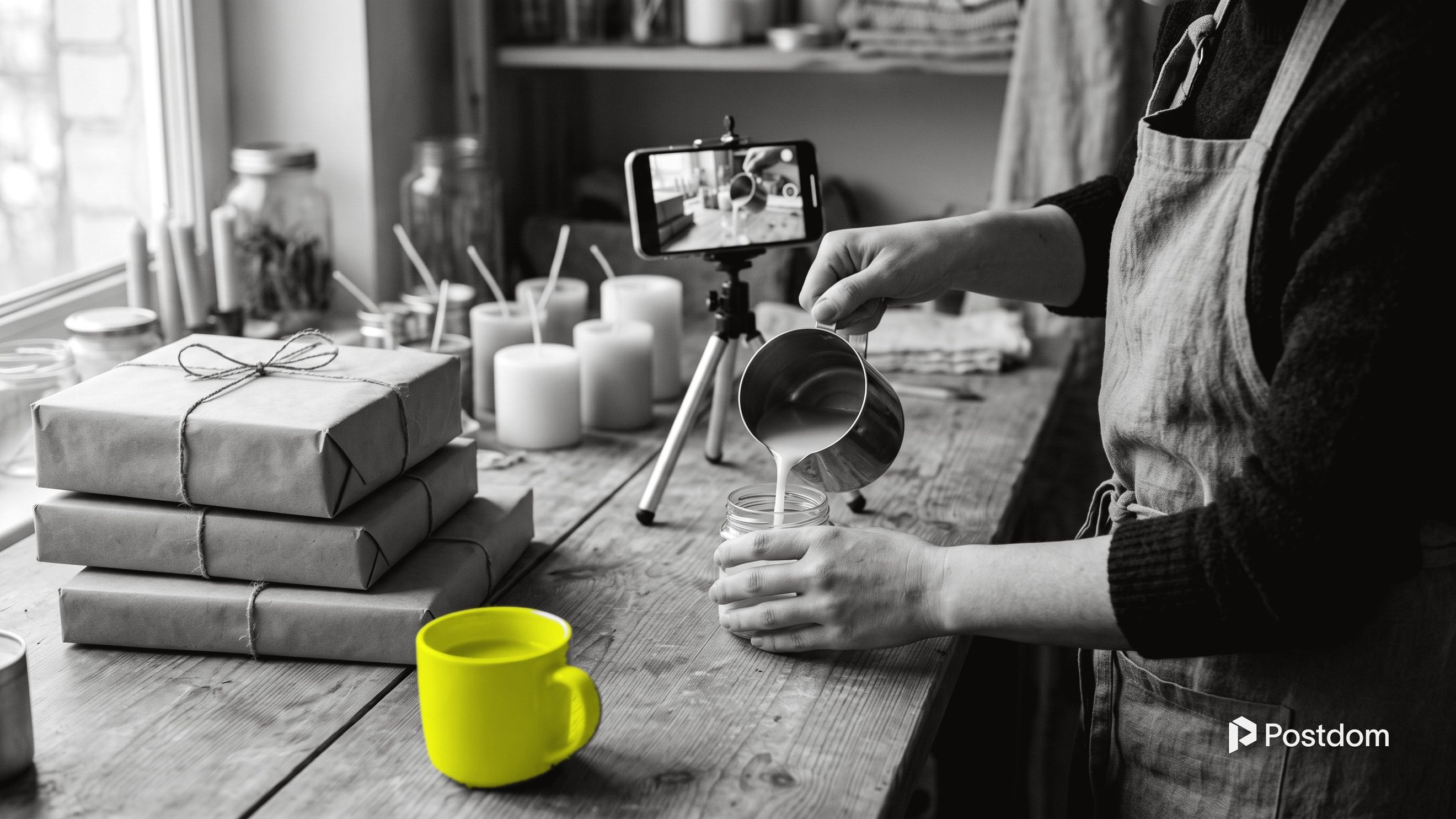 A candle maker films her hands pouring wax on a phone tripod, with wrapped parcels stacked on the bench beside a yellow mug