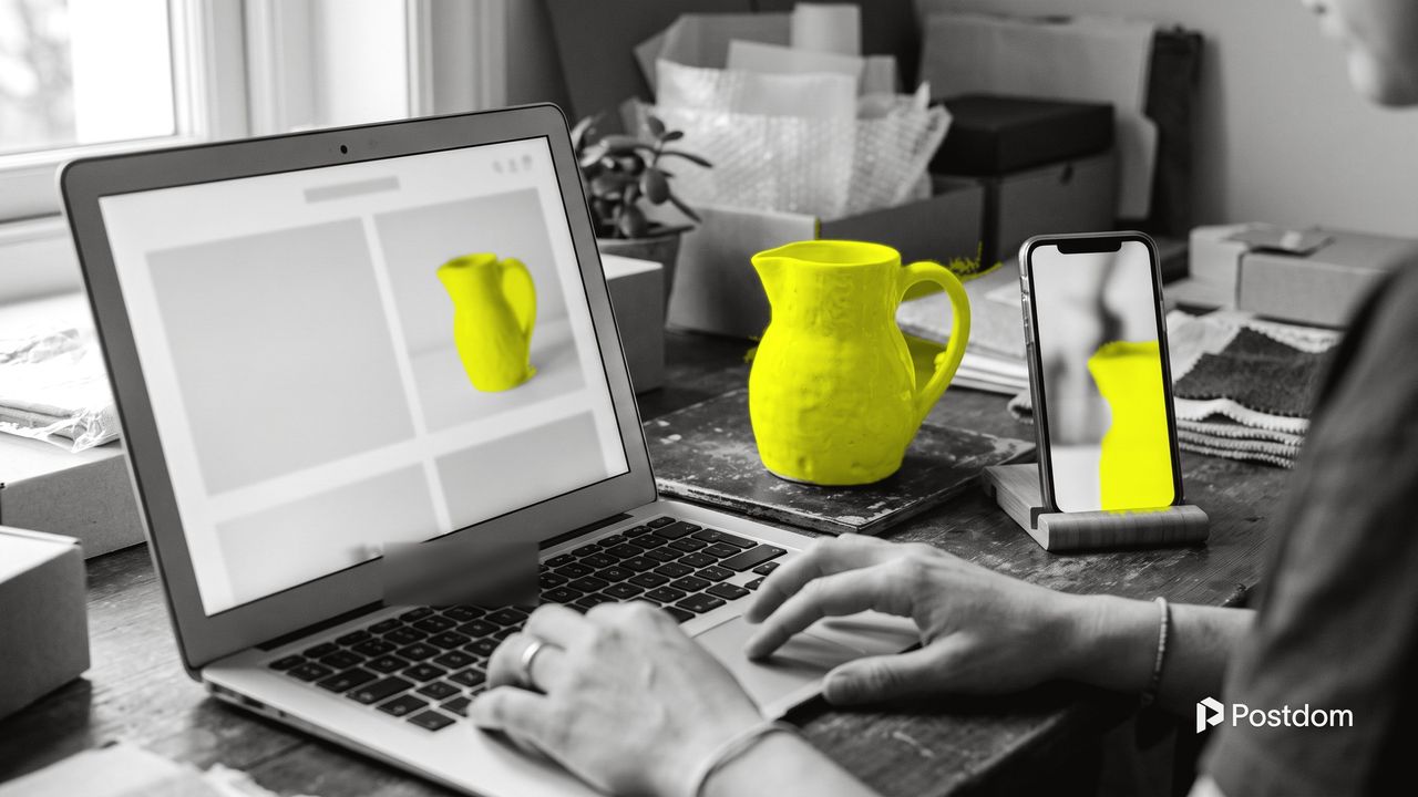 Best AI tools to turn a website into videos: a laptop shows a shop's product page with a yellow jug while a phone beside it plays a vertical video of the same jug