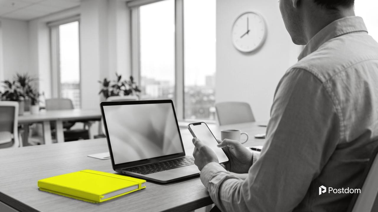 Best time to post on LinkedIn: a professional at an office desk checks his phone beside a laptop and a yellow notebook, a wall clock at eight in the background