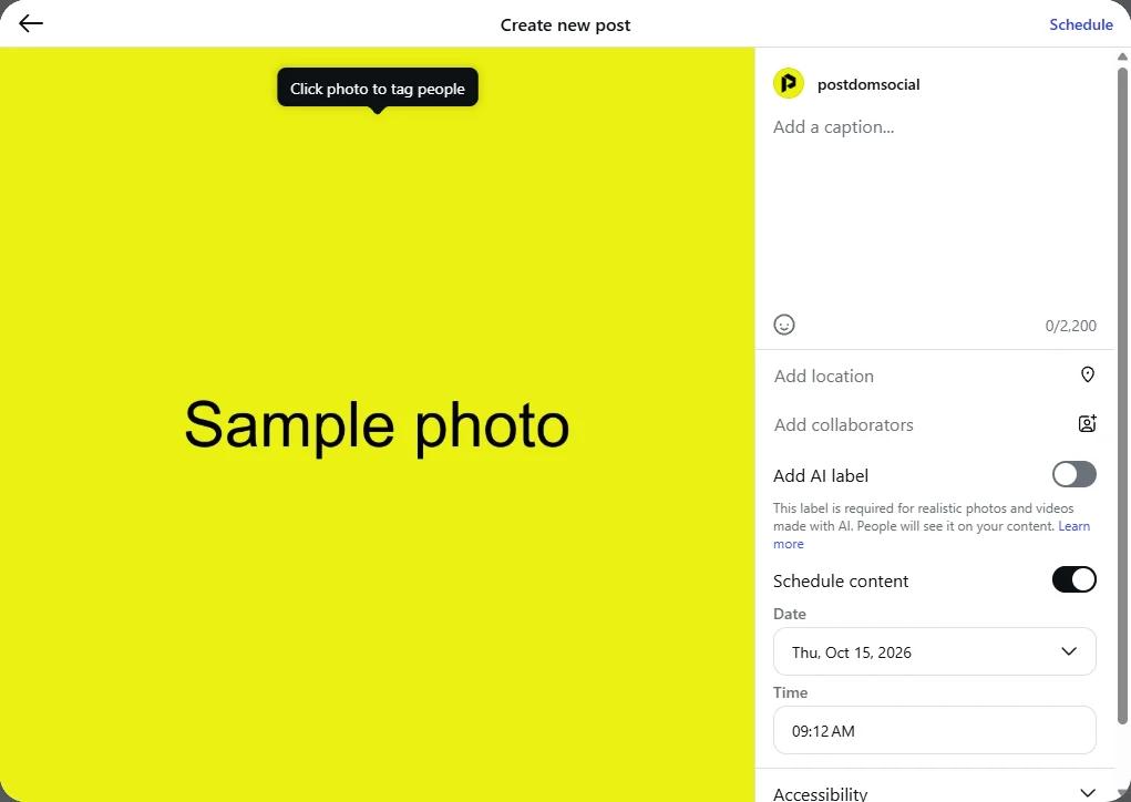 Instagram Create new post screen with Schedule content turned on and a date and time picked