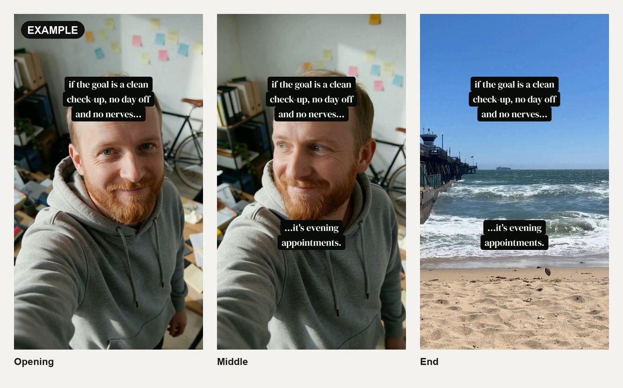 Three frames from a setup-and-payoff Reel: a man in a selfie with "if the goal is a clean check-up, no day off and no nerves…", then the payoff "…it's evening appointments." which stays on screen over a beach shot