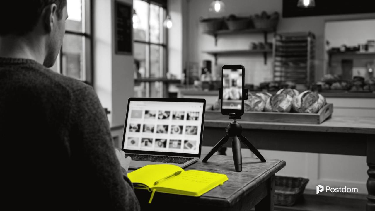 A freelancer seen from behind at a bakery table, working on a laptop while a phone held upright on a small tripod films a tray of bread