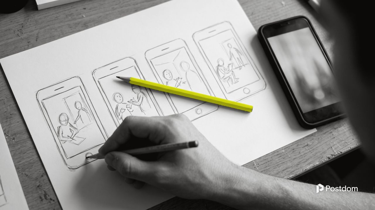Instagram Reels template: a hand sketches a four-frame storyboard of phone-shaped boxes beside a phone and a yellow pencil