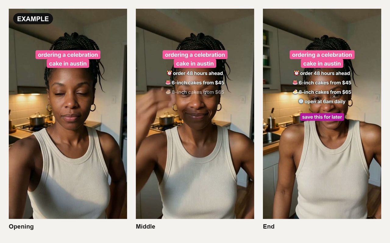 Three frames from a colour header Reel: a pink header reading "ordering a celebration cake in austin" over a woman in a kitchen, then lines for 48 hours' notice, 6-inch cakes from $45 and 8-inch cakes from $65, then a "save this for later" box