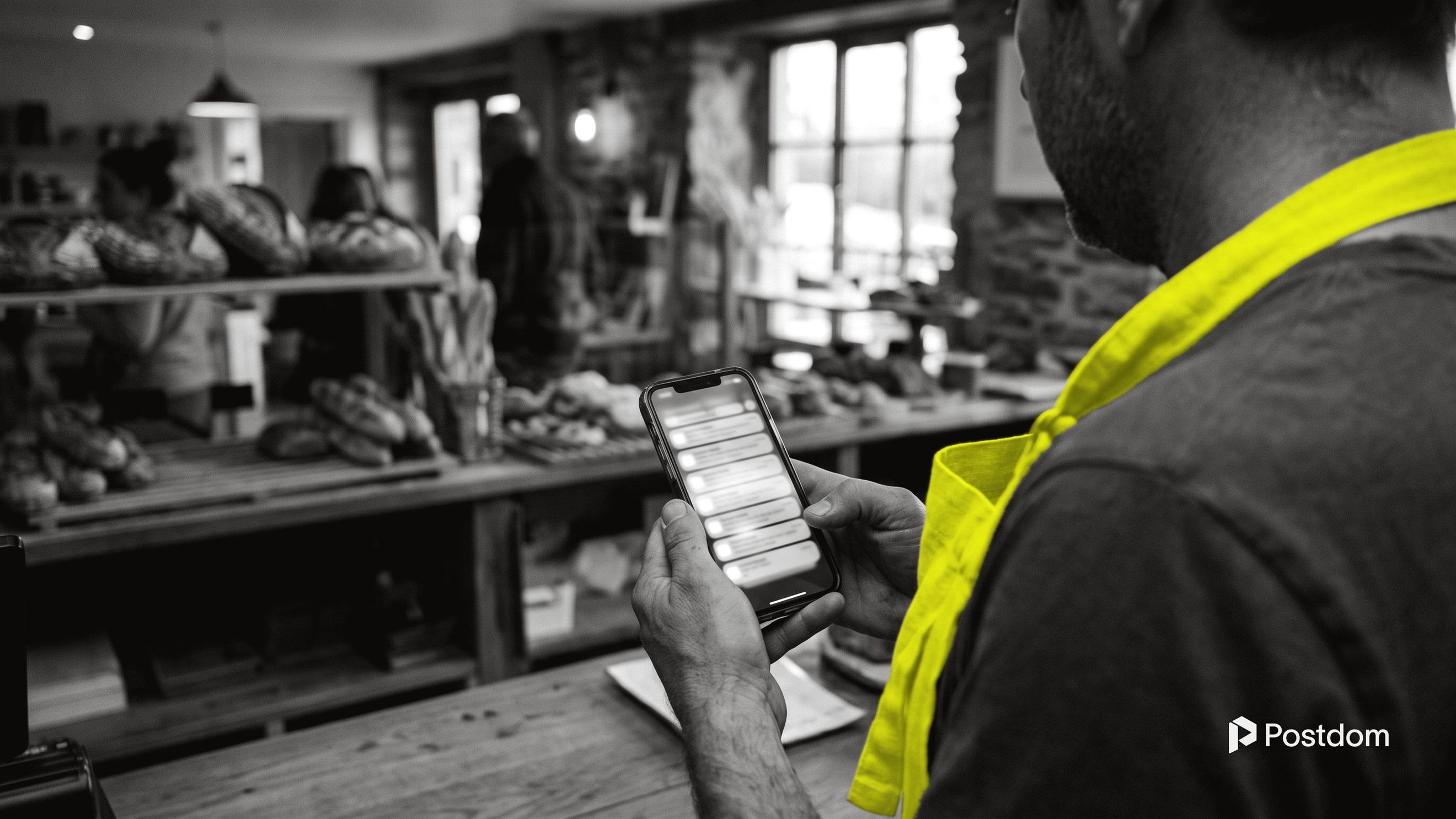 A bakery owner behind the counter looking at a phone as notifications stack up on the screen
