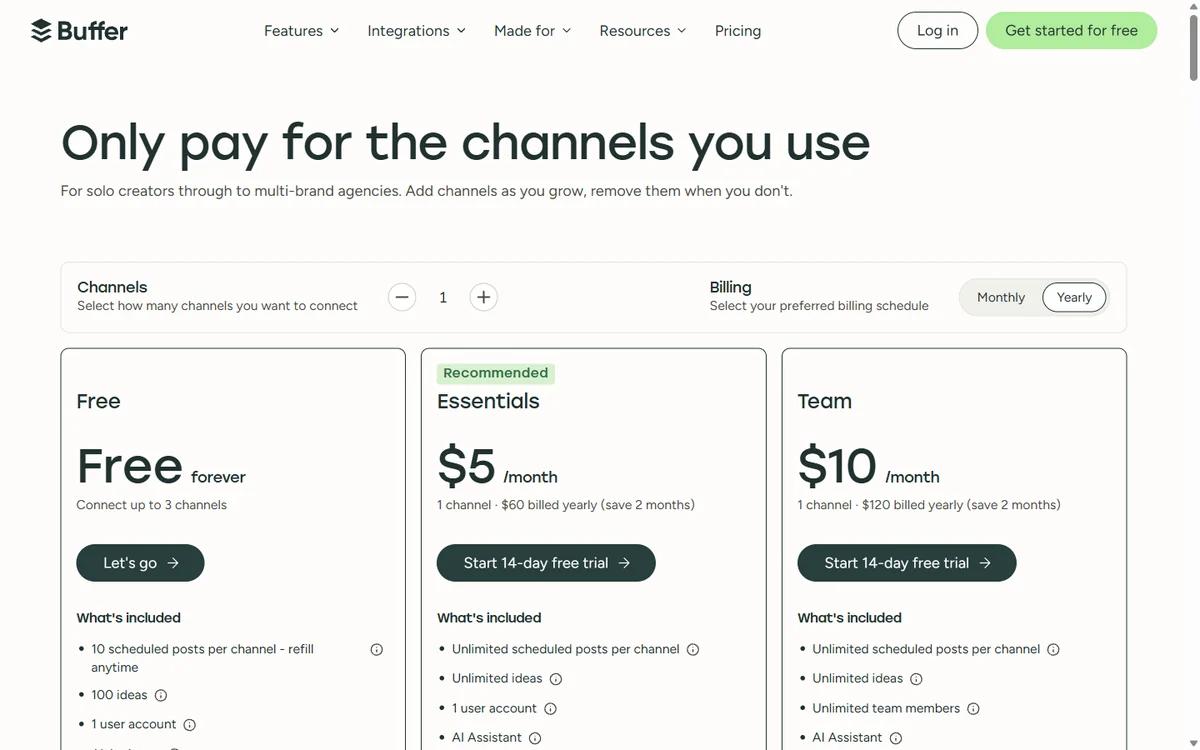 Buffer pricing page showing Free, Essentials and Team plans