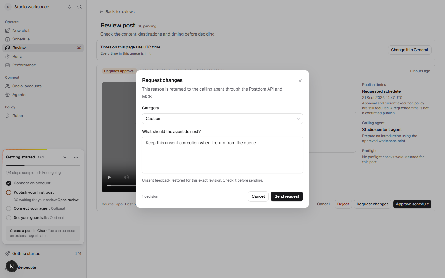 Postdom review screen showing a request-changes step before an agent-run social post is approved