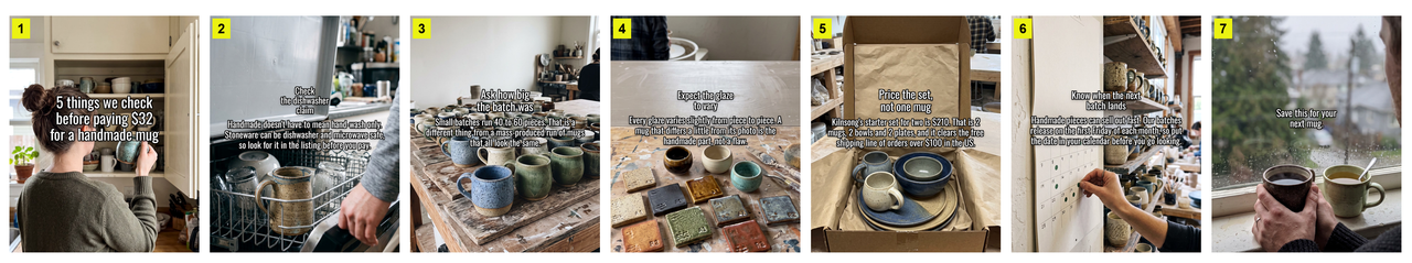 A 7-slide carousel: a hook slide about 5 things to check before buying a handmade mug, five checks, and a save-this closing slide