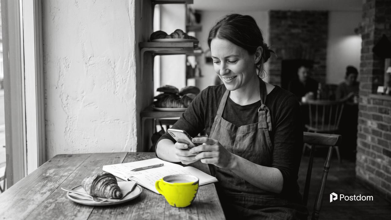 Instagram captions: a bakery owner in a grey apron smiles as she types a caption on her phone at a cafe table, a croissant and a yellow coffee cup beside her