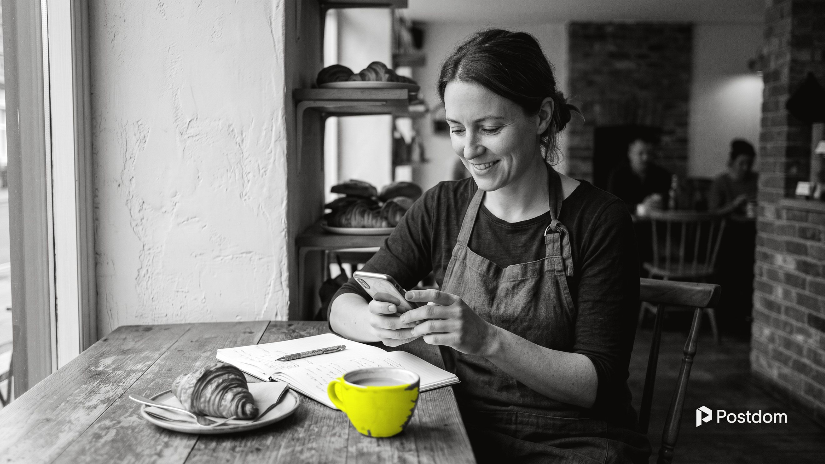 Instagram captions: a bakery owner in a grey apron smiles as she types a caption on her phone at a cafe table, a croissant and a yellow coffee cup beside her