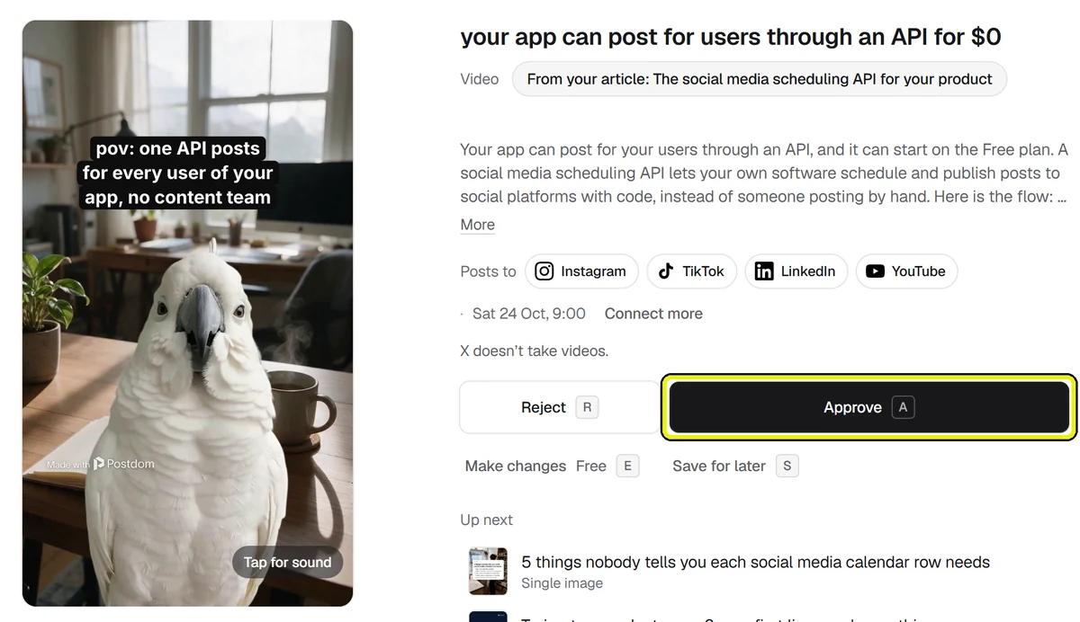 Postdom post review screen showing a finished video, the platforms it posts to and a scheduled time, with the Approve button outlined