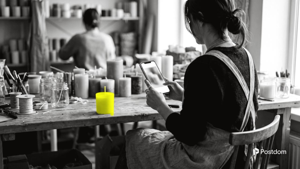 What is Postdom: a candle shop owner checks a phone at her workbench among candles, a yellow candle in front